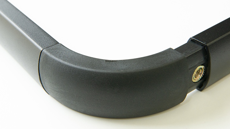 A Wedge-lock corner unit is fitted with a nut and then inserted into the frame rail before being fixed in place with a 8 mm stainless steel bolt.